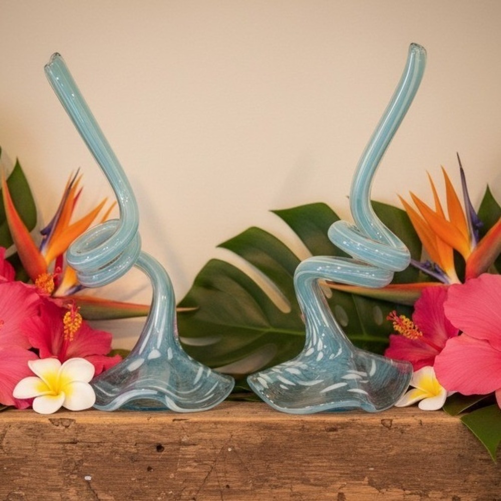 Art Glass Tropical Flowers, Set of 2, Clear Blue White Flecks, Curled Stem